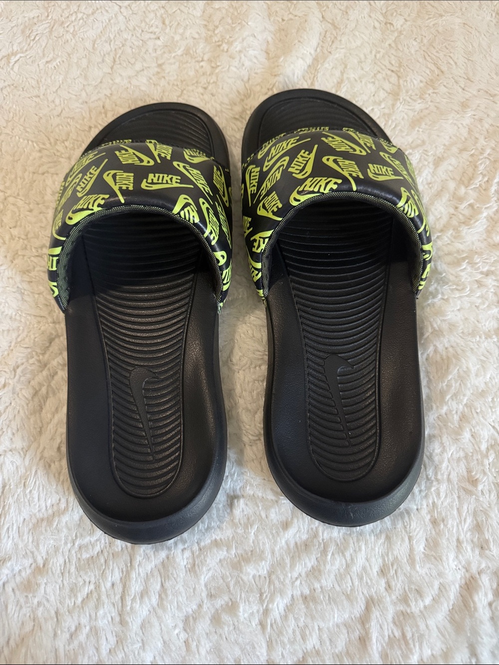 Nike Black Slides with Neon Yellow Logo Print Strap